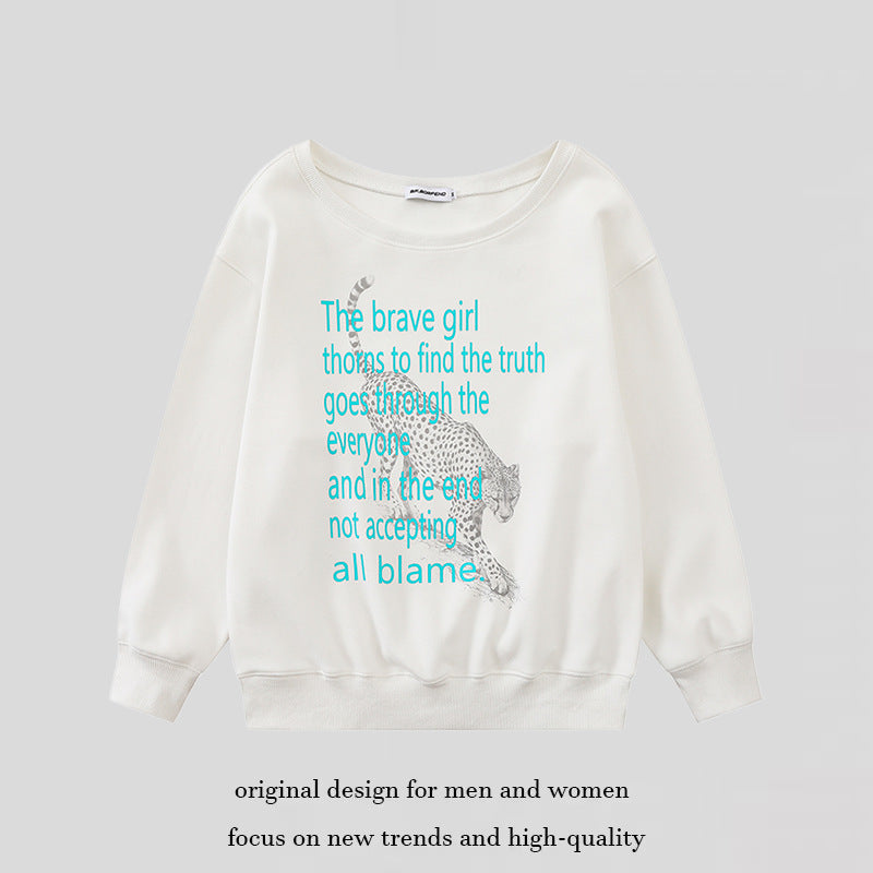 Women's oversized sweatshirt with round neck, typographic statement, and leopard illustration Amarae