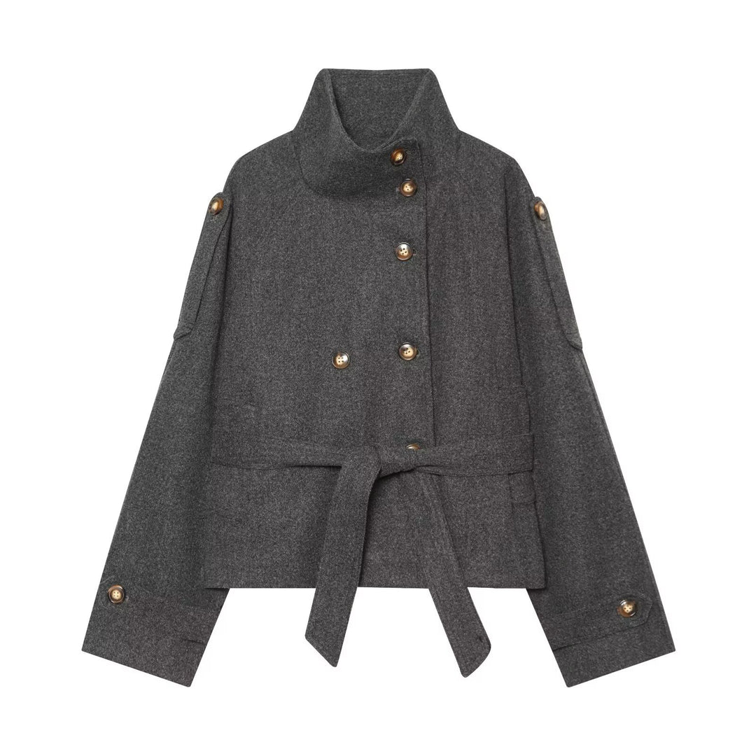 Women Short Double-Breasted Wool Blend Cape Jacket with Stand Collar and Waist Belt Amarae