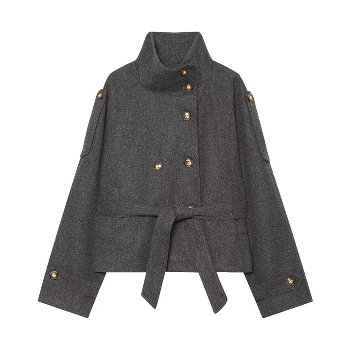 Women Short Double-Breasted Wool Blend Cape Jacket with Stand Collar and Waist Belt Amarae