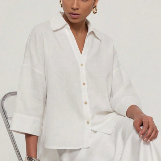 Women's Lightweight Oversized Linen Look Blouse with Three-Quarter Sleeves and Full Button Placket Amarae