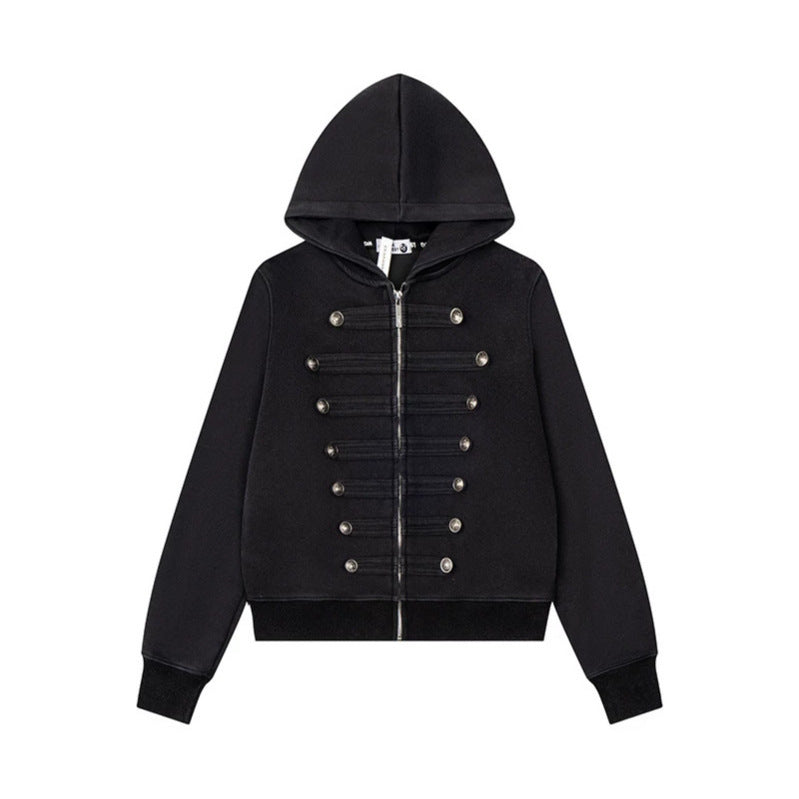 Women’s Hooded Sweat Jacket with Military Button Decoration and Full-Length Zipper Amarae