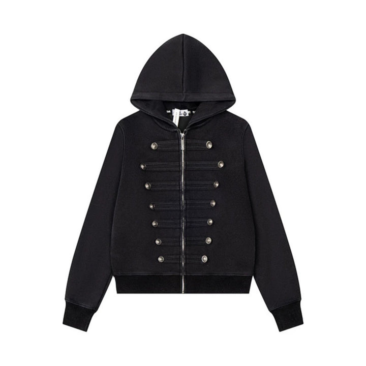 Women’s Hooded Sweat Jacket with Military Button Decoration and Full-Length Zipper Amarae