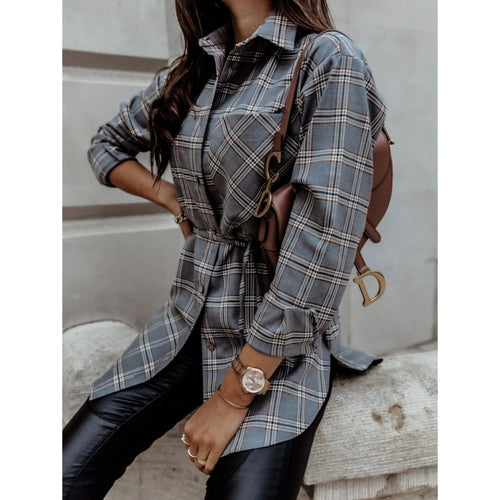 Long sleeve shirt dress for women with adjustable belt and trendy checkered design Amarae