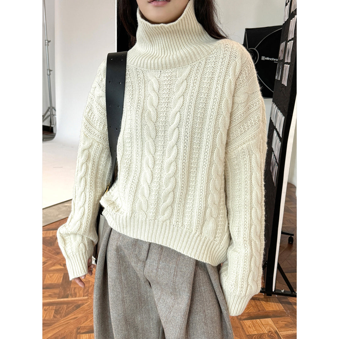 Women Chunky Knit Turtleneck Sweater with Cable Pattern and Relaxed Fit Amarae