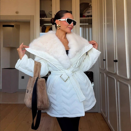 Ladies Shiny Padded Jacket with Waist Belt and Voluminous Faux Fur Collar Amarae