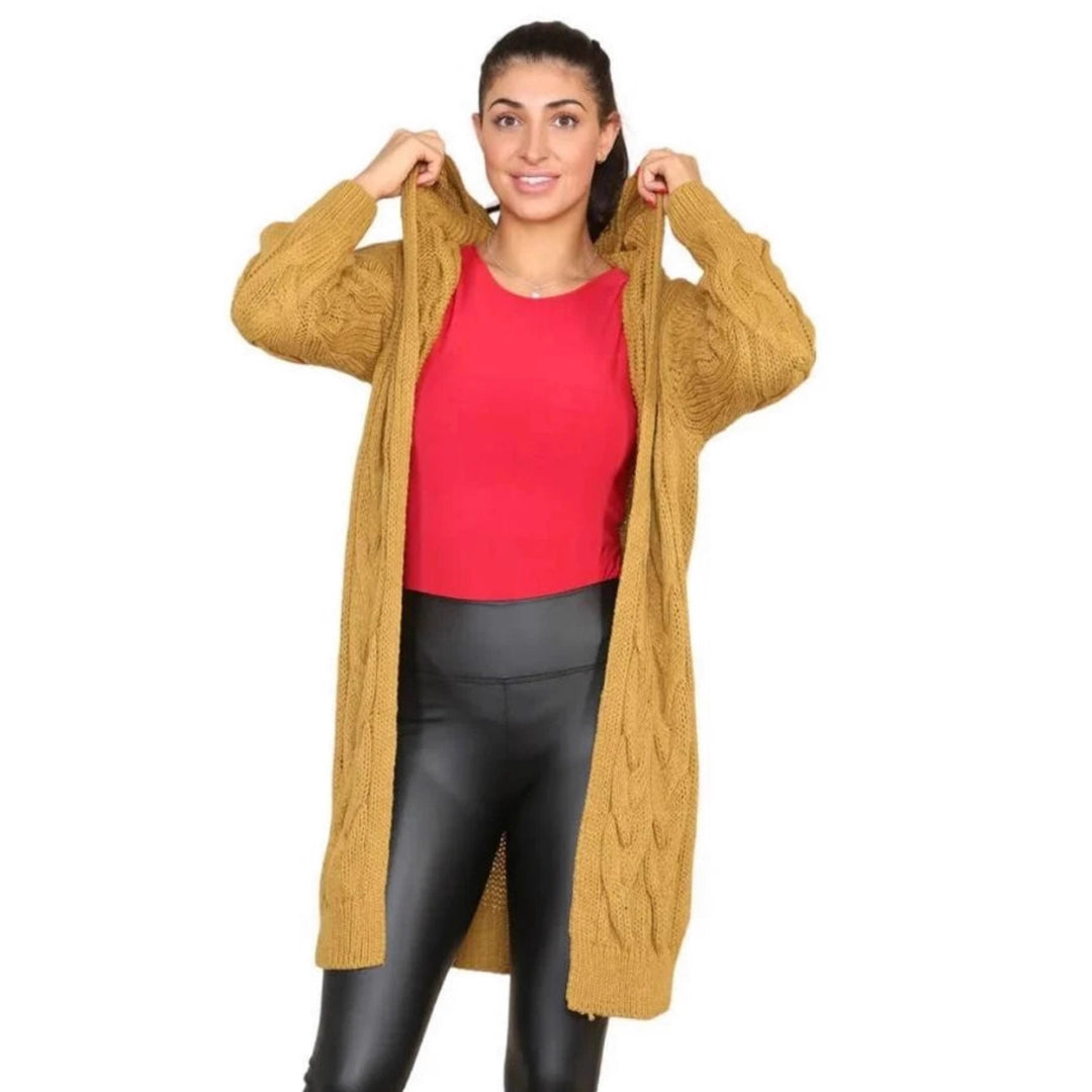 Long knitted coat for women with an elegant cable pattern and hood Lune London