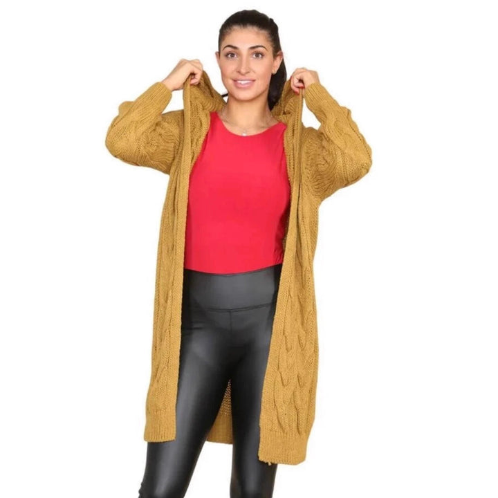 Long knitted coat for women with an elegant cable pattern and hood Lune London