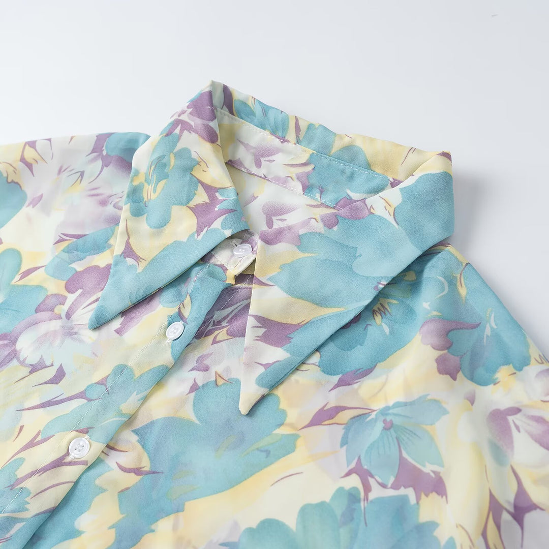 Women's floral print chiffon blouse with wide balloon sleeves and shirt collar Amarae