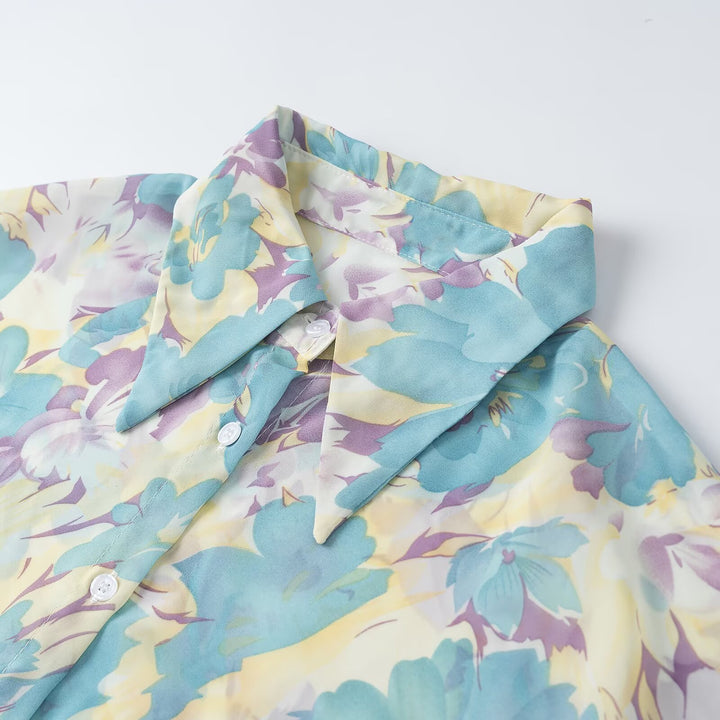 Women's floral print chiffon blouse with wide balloon sleeves and shirt collar Amarae