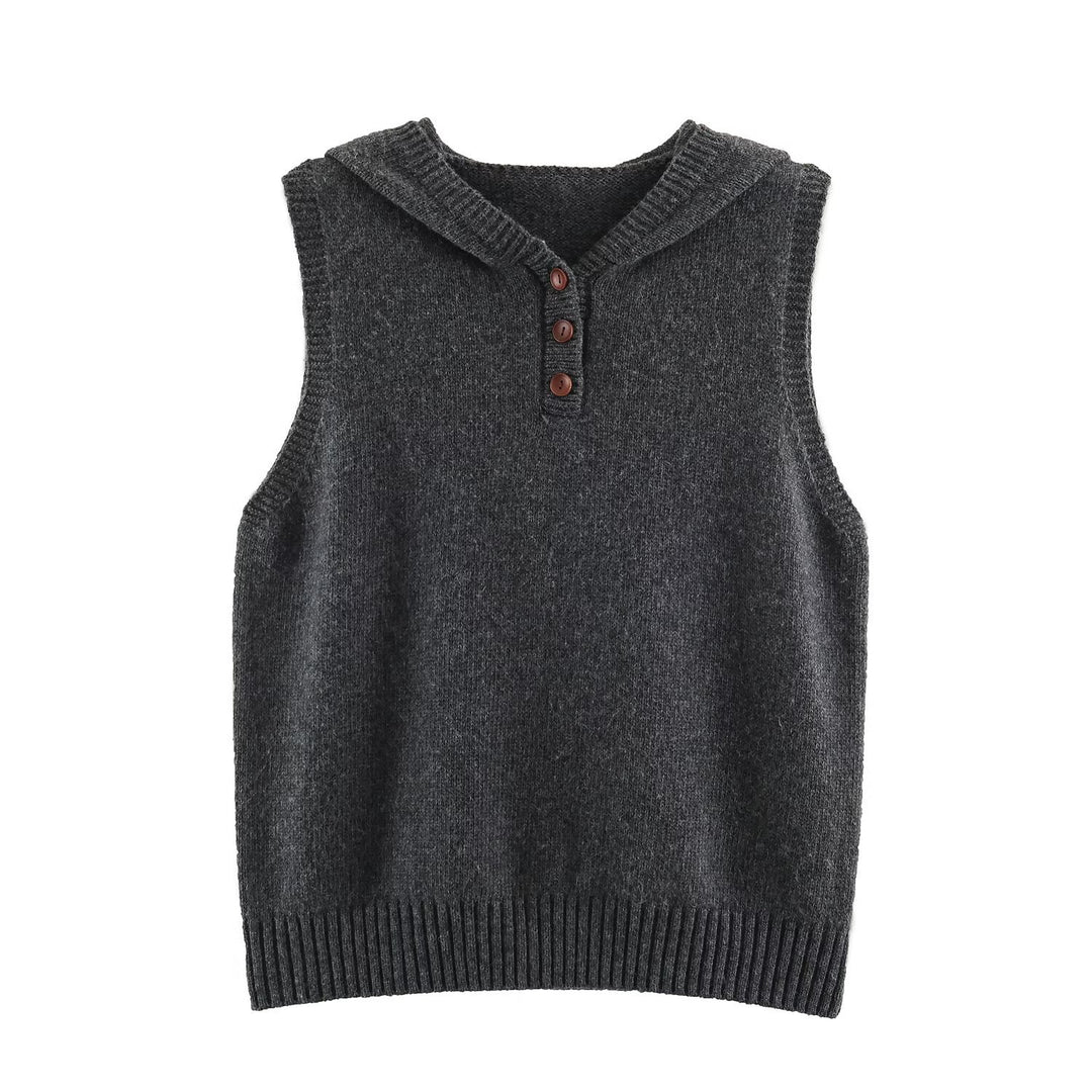 Women's fine knit vest with hood, button placket, and ribbed waistband Amarae