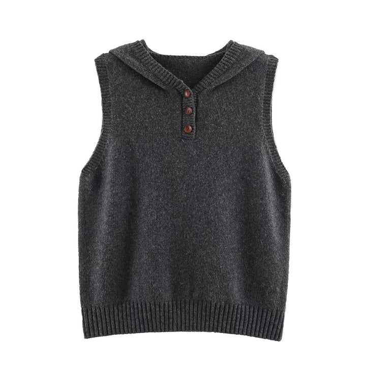 Women's fine knit vest with hood, button placket, and ribbed waistband Amarae