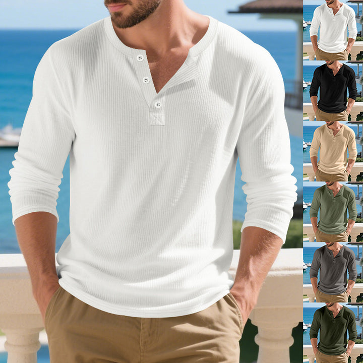 Men's Long Sleeve Henley Shirt with Textured Rib Pattern Lune London