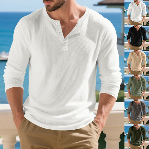 Men's Long Sleeve Henley Shirt with Textured Rib Pattern Amarae