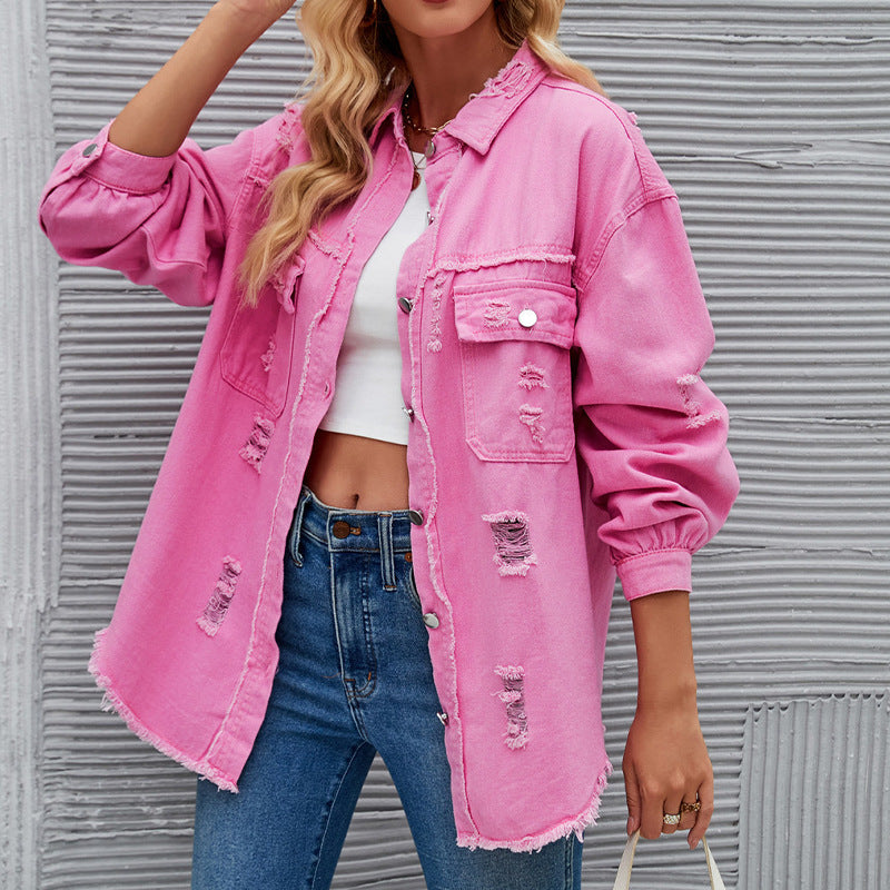 Oversized denim jacket for women with modern distressed details Lune London