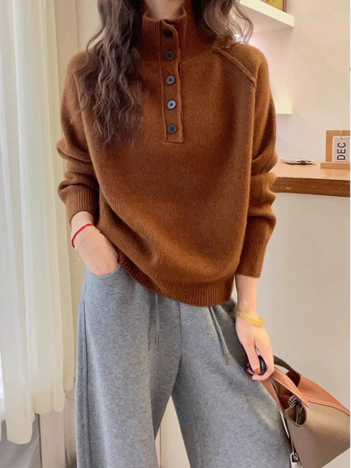 Femme Pull Tricoté Confortable avec Patte de Boutons Chic & Stil