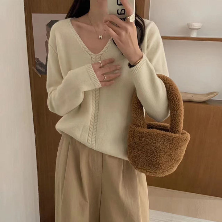 Pull femme surdimensionné à col en V avec texture en fine maille Chic & Stil