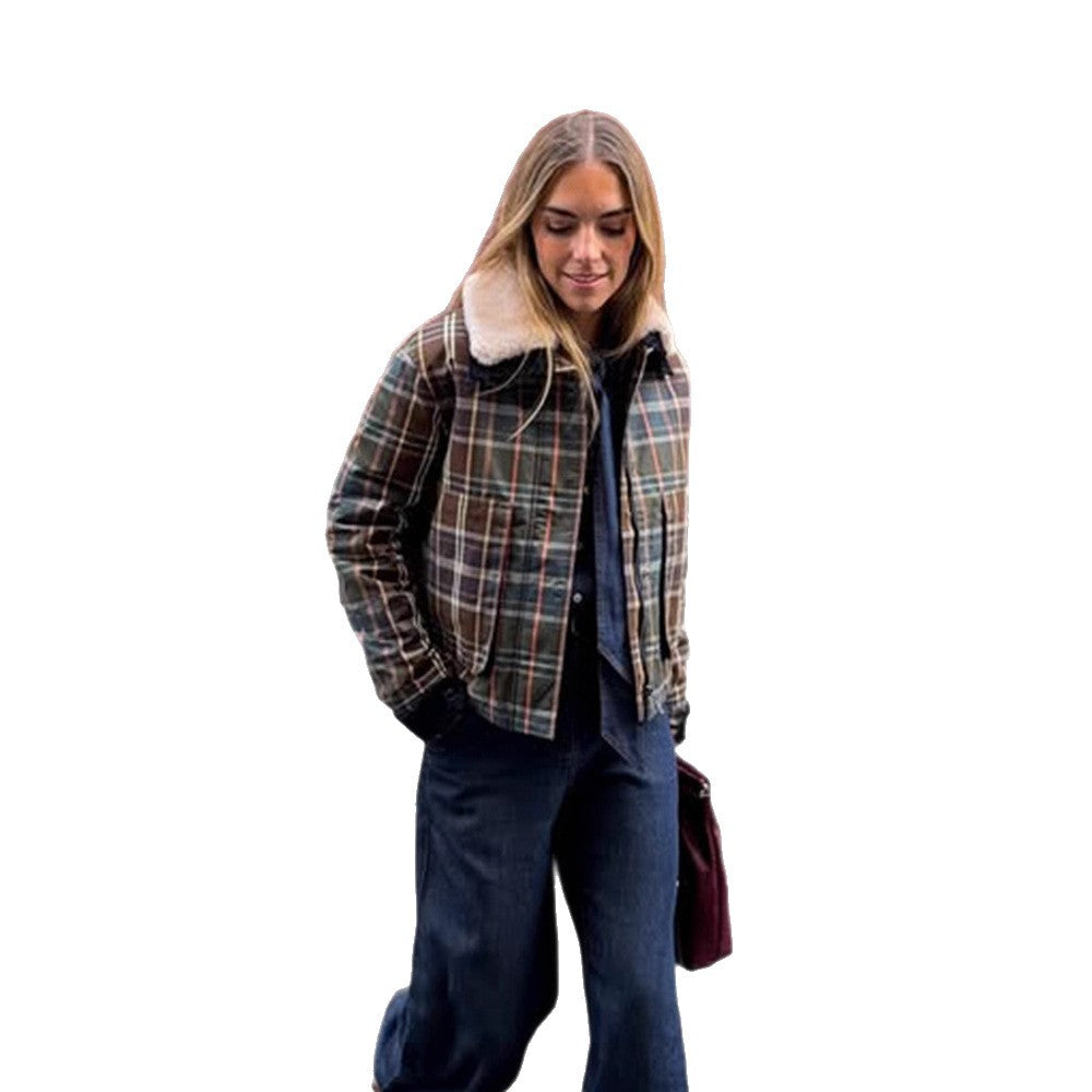 Women's Short Blouson in Check Pattern with Padded Lining and Teddy Collar Amarae