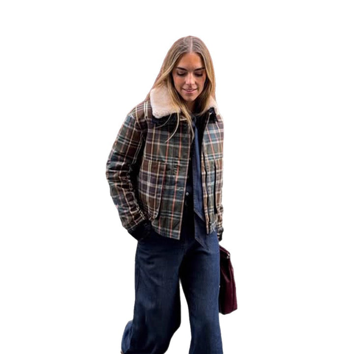 Women's Short Blouson in Check Pattern with Padded Lining and Teddy Collar Amarae