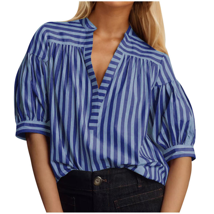 Puff sleeve blouse for ladies with V-neck and striped pattern Lune London