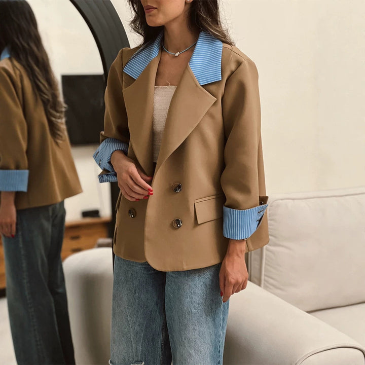 Women Oversized Double-Breasted Blazer with Contrast Collar & Cuffed Sleeves Amarae