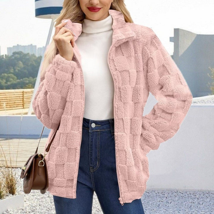 Women's teddy jacket with check structure, stand-up collar and zipper Amarae