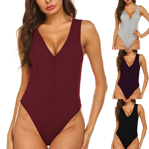 Women's bodysuit with deep V-neckline and button details Amarae