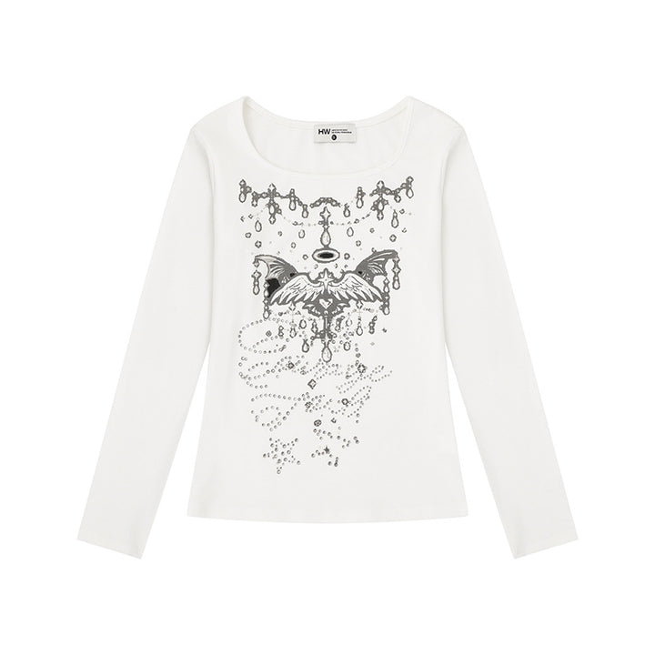 Women's long-sleeve shirt with round neckline, rhinestone print and angel motif Amarae