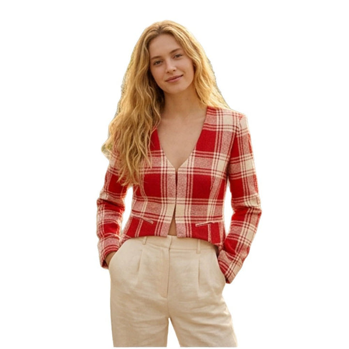 Women's Short Cut Tailored Check Blazer with Deep V-Neck and Flap Pockets Amarae