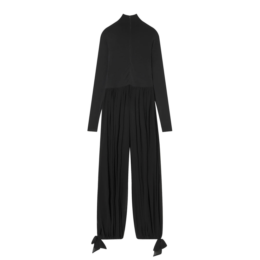 Women's jumpsuit with stand-up collar, wide pleated pant leg and ankle ties Amarae