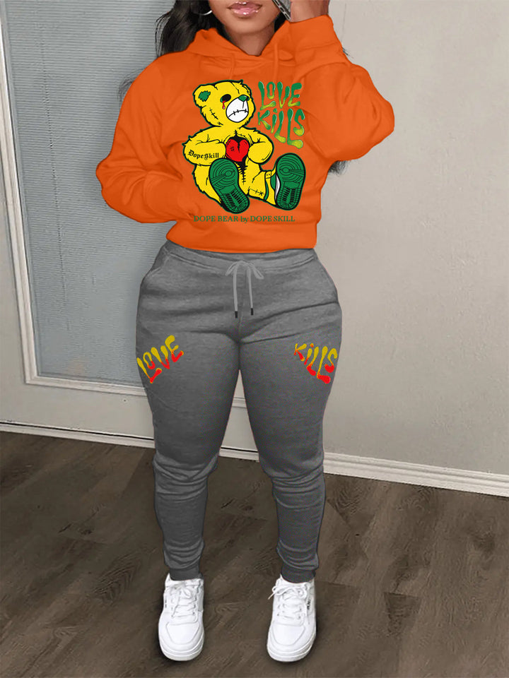 Women Hoodie and jogging pants set with creative bear pattern and striking inscription Lune London