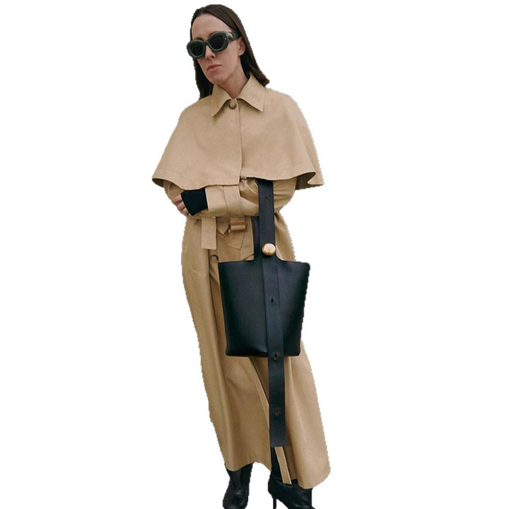Ladies Long Trench Coat with Capelet, Waist Belt and Raglan Sleeves Amarae