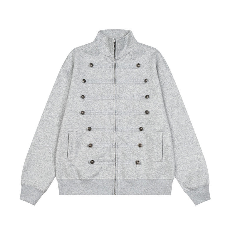 Men's Military-Inspired Sweat Jacket with Stand-Up Collar and Decorative Button Plackets Amarae