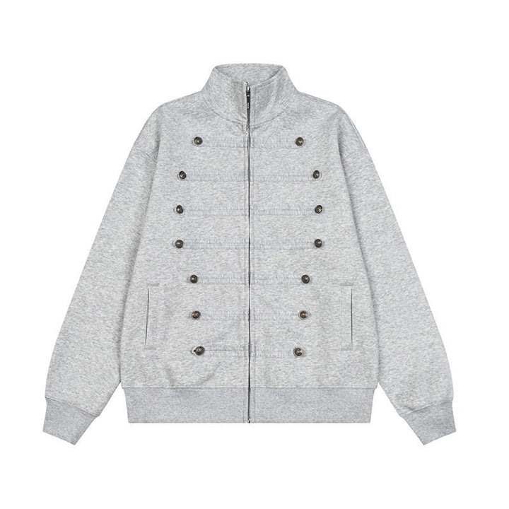 Men's Military-Inspired Sweat Jacket with Stand-Up Collar and Decorative Button Plackets Amarae