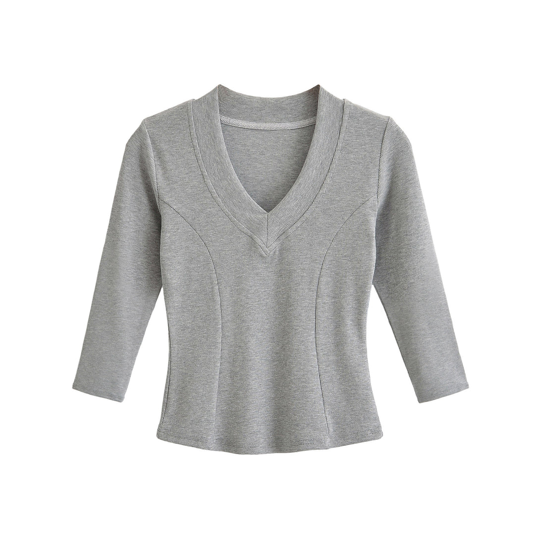 Women's Ribbed Long Sleeve Shirt with V-Neck and Tailored Fit Amarae