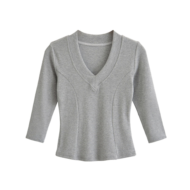 Women's Ribbed Long Sleeve Shirt with V-Neck and Tailored Fit Amarae