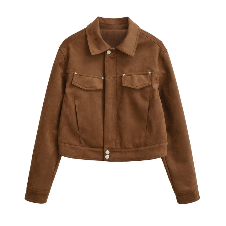 Women Short Velvet-Look Jacket with Snap Button Placket and Patch Breast Pockets Amarae