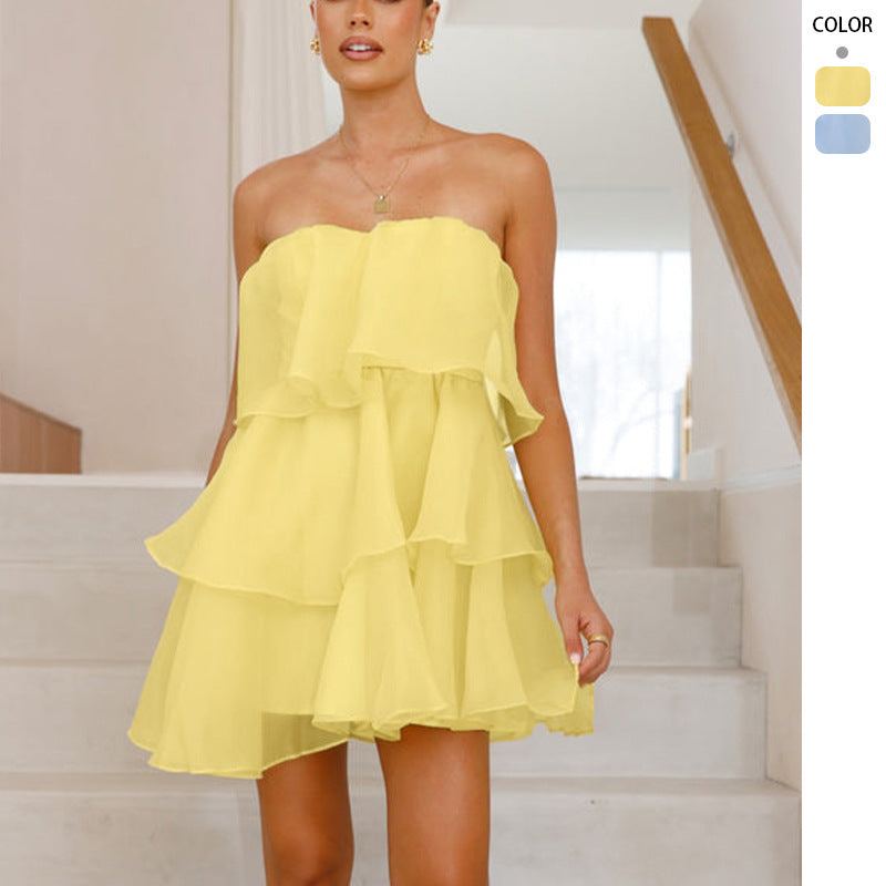 Women's Playful Chiffon Dress with Swinging Ruffle and Off-Shoulder Design