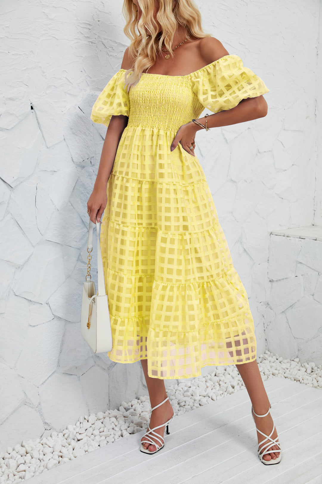 Women’s midi dress with puff sleeves and elastic waist belt Lune London