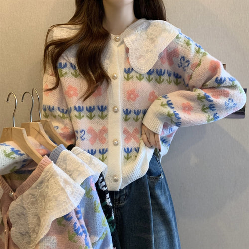 Ladies fashion cardigan with lace collar and floral design Amarae