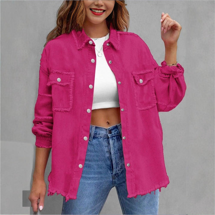 Women's Oversized Denim Utility Jacket with Frayed Edges and Flap Pockets Amarae