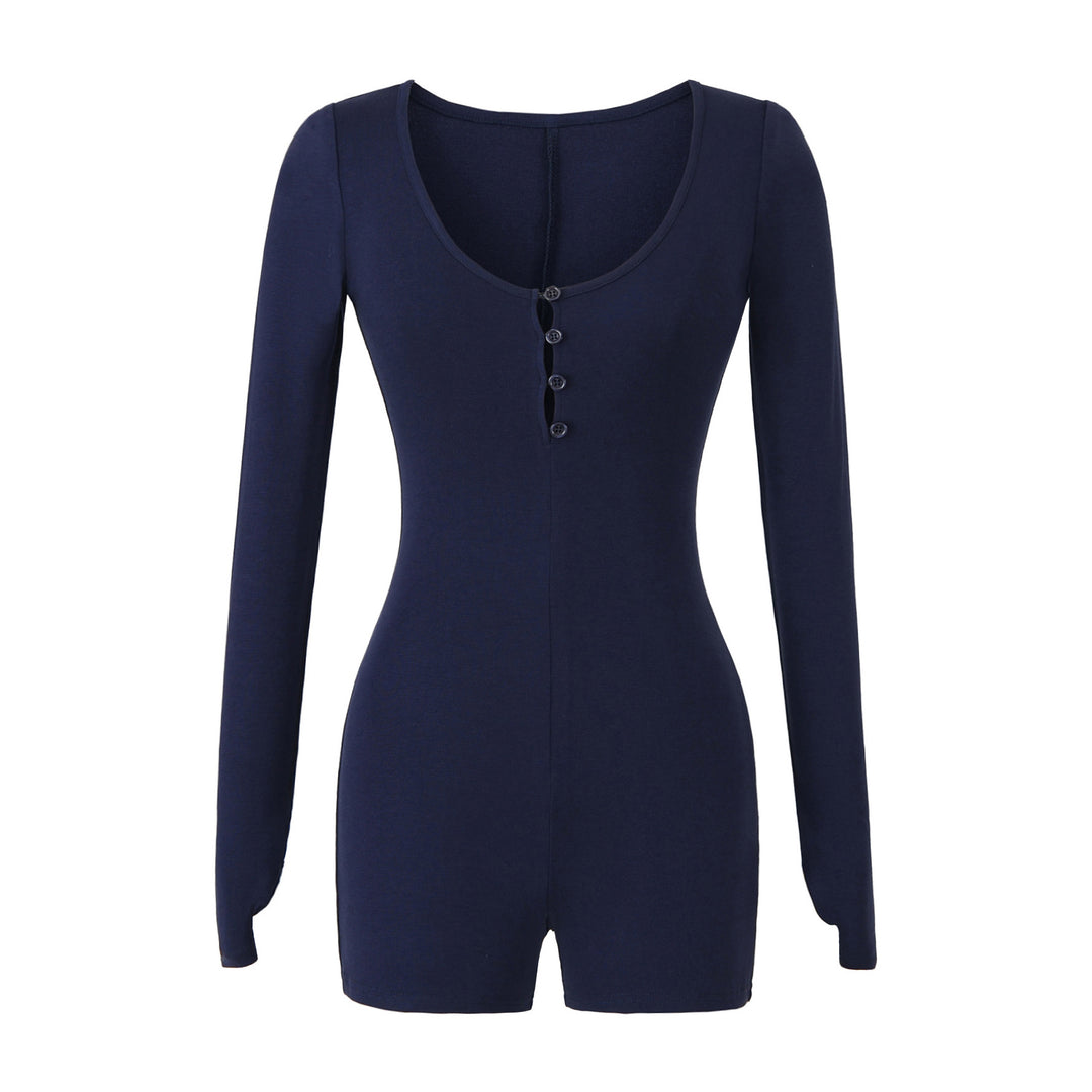 Women Fitted Long Sleeve Bodysuit with Button Placket and Short Shorts Amarae