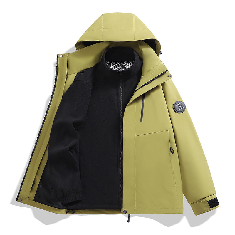 Men's softshell performance jacket with removable hood, concealed full-length zipper, and ergonomic cut Amarae