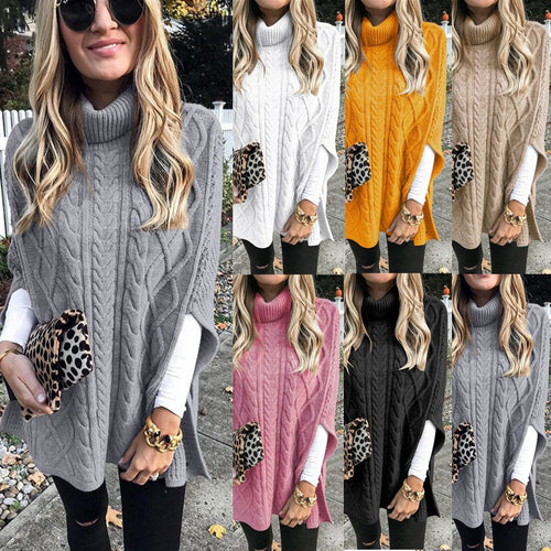 Fleece poncho for women with high collar and cable knit pattern Amarae