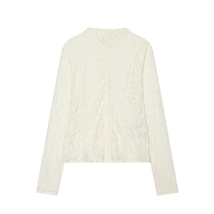 Women's Fine Lace Blouse with Floral Relief Pattern and Back Button Placket Amarae