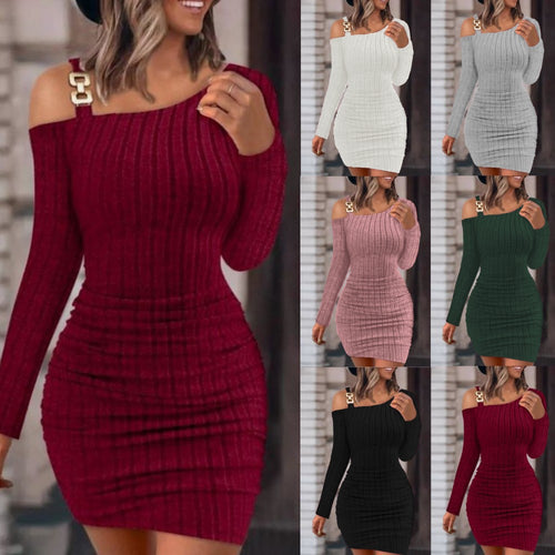 Knitted bodycon dress for women with an asymmetrical shoulder design and decorative accents Amarae