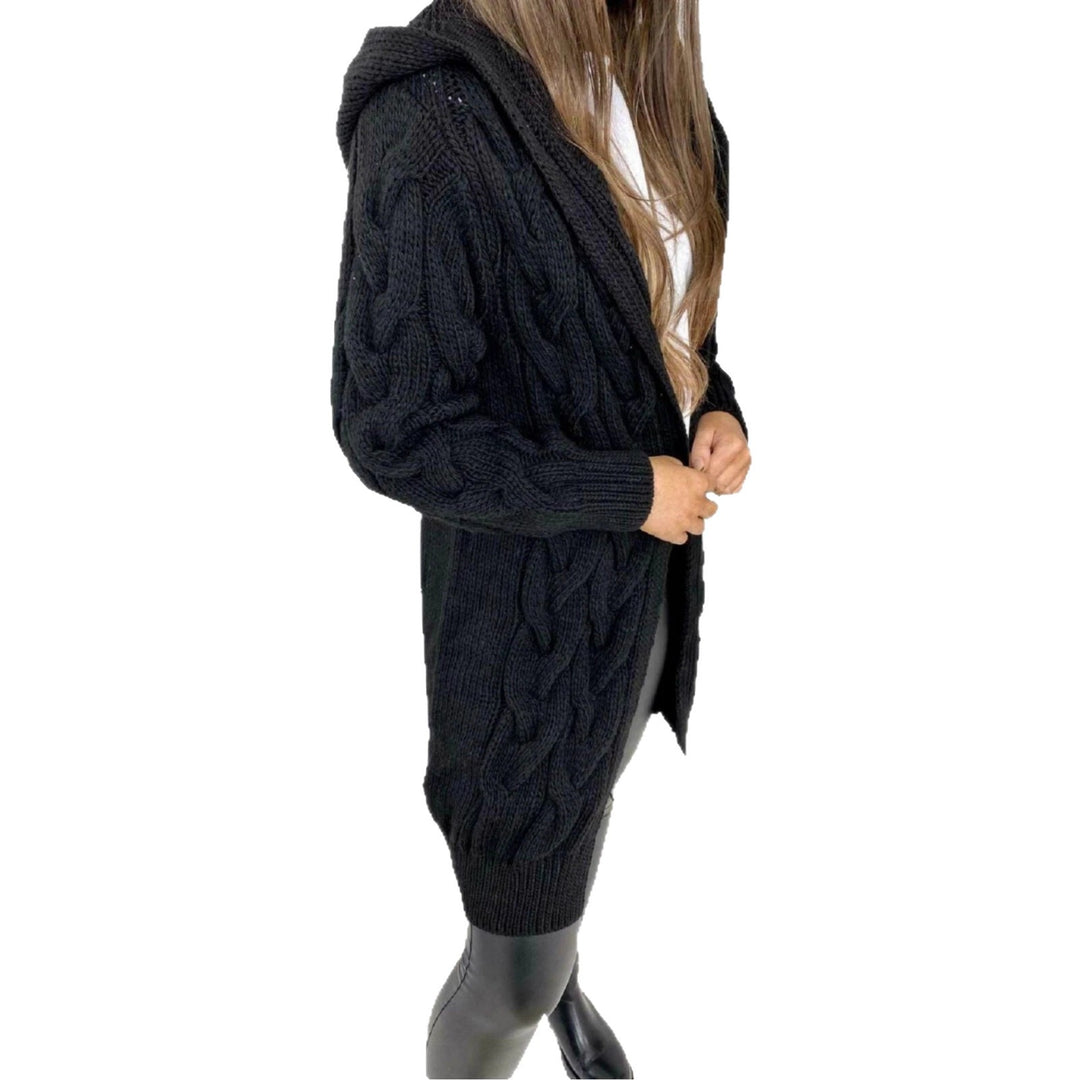 Ladies Long Knit Coat with Textured Braid Design and Practical Hood Lune London