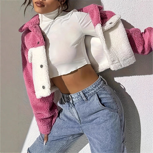 Ladies Trendy Fleece Jacket with Chic Contrast Design and Style