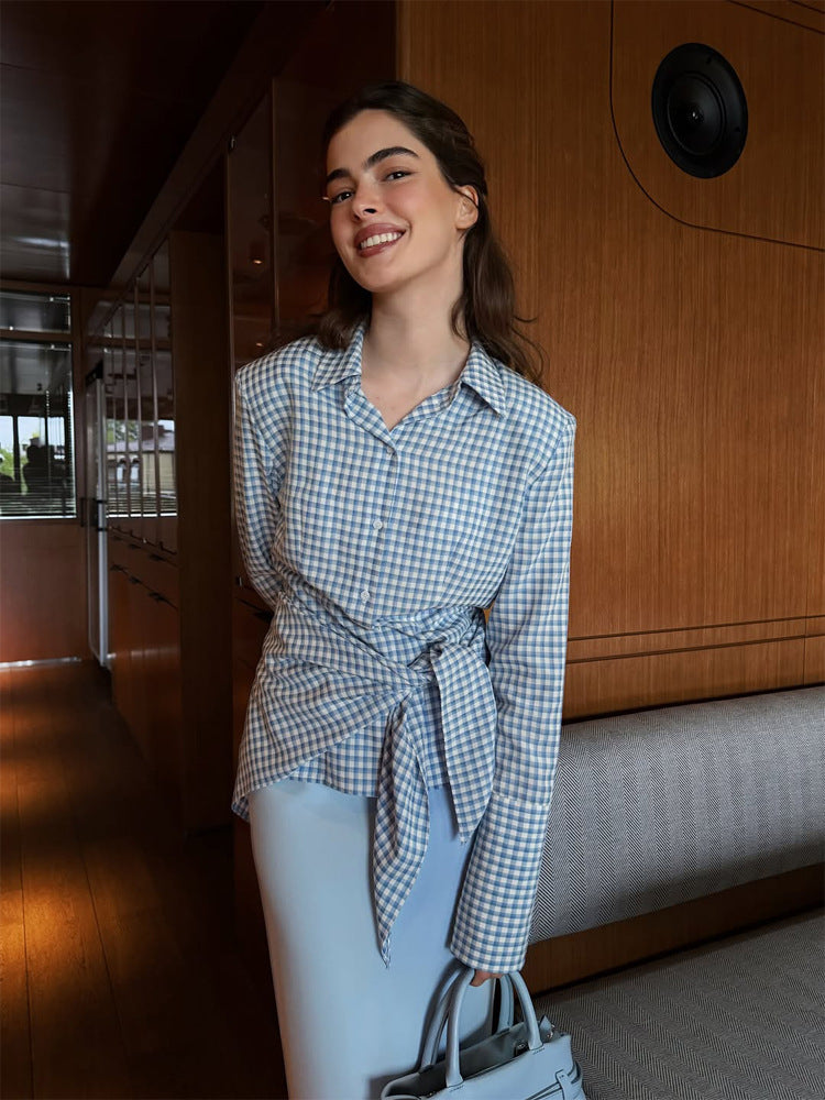Women Gingham Wrap Blouse with Side Waist Tie and Shirt Collar Amarae