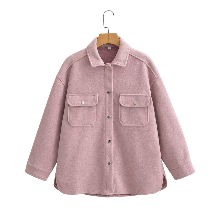 Women's Oversize Wool Blend Shirt Jacket with Snap Button Closure and Applied Flap Pockets Amarae