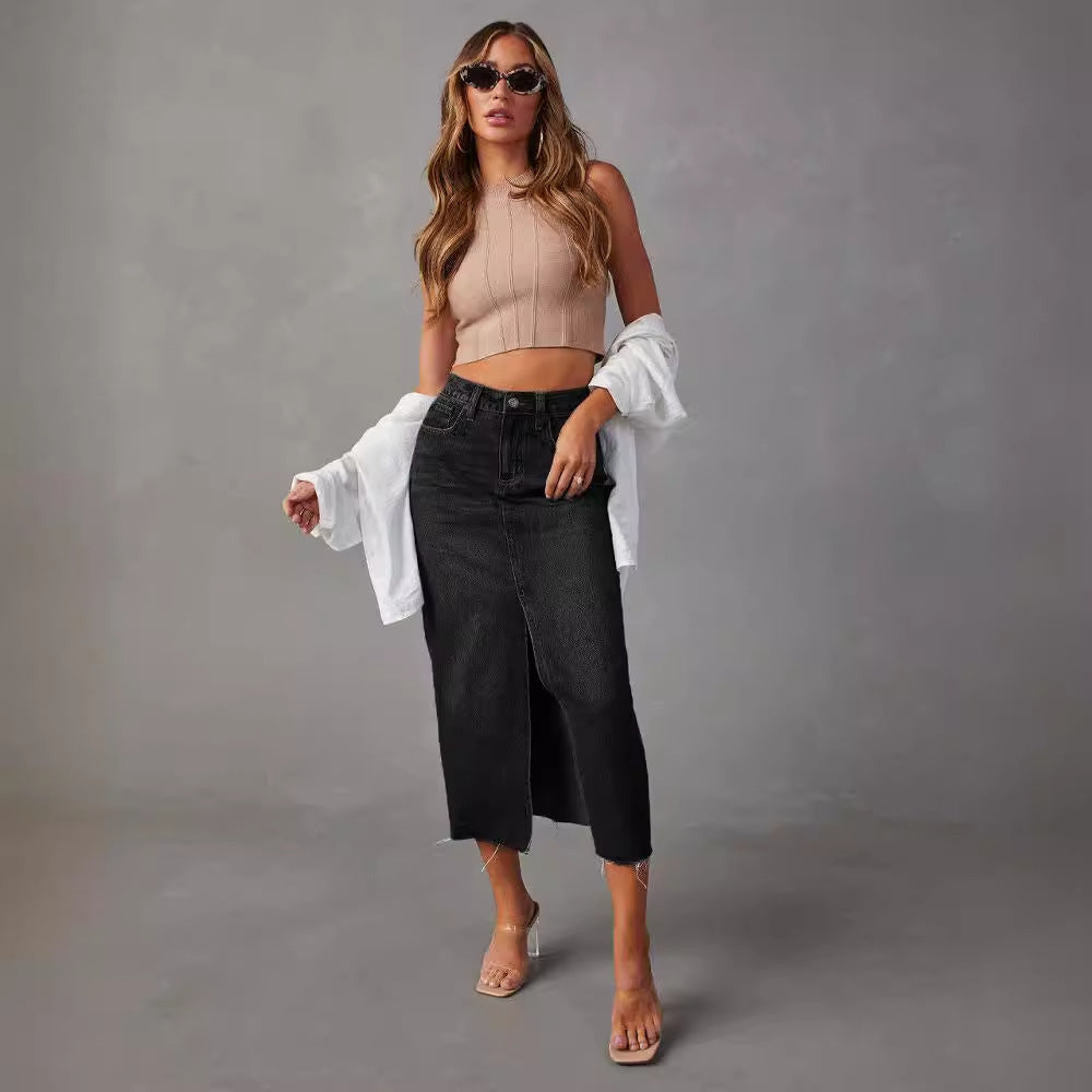 Chic & Stil High-Waisted Denim Pencil Dress with Side Slit